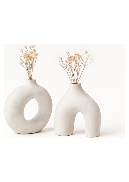 Iskandinav Tarzı Dekoratif Beton Bohem Vazo Set - Kirli Beyaz