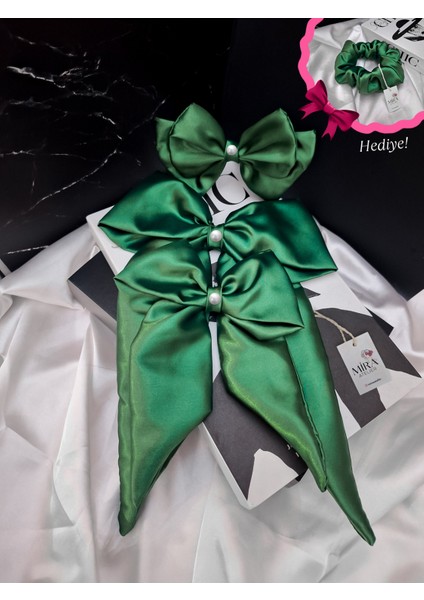 Kadın 3’lü Fiyonk Saç Tokası Seti + Scrunchie Hediyeli - Zümrüt Aşkı