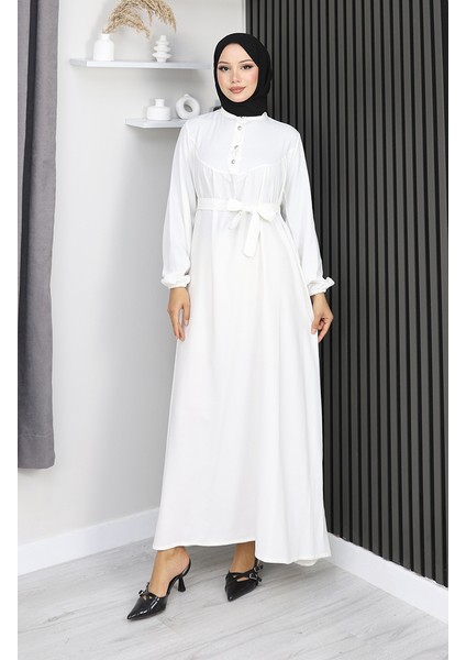 Belmando Kumaş Yarım Düğmeli Kuşaklı Elbise 2166-03 Beyaz