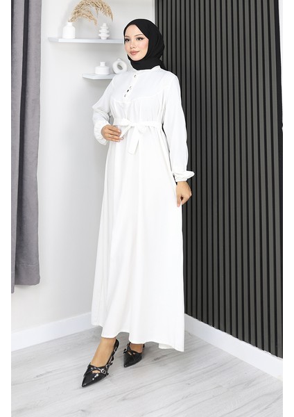 Belmando Kumaş Yarım Düğmeli Kuşaklı Elbise 2166-03 Beyaz fiyatları
