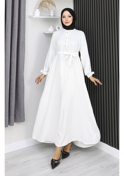 Belmando Kumaş Yarım Düğmeli Kuşaklı Elbise 2166-03 Beyaz modelleri