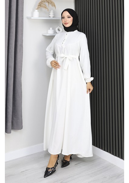 Belmando Kumaş Yarım Düğmeli Kuşaklı Elbise 2166-03 Beyaz fırsatları