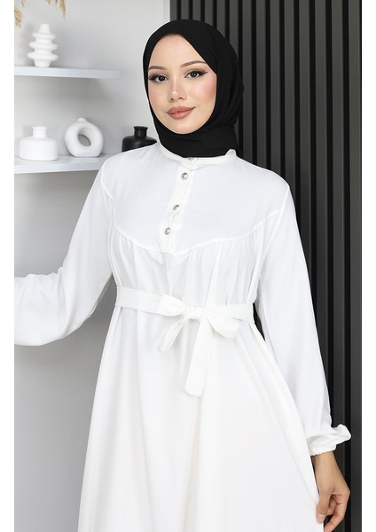 Belmando Kumaş Yarım Düğmeli Kuşaklı Elbise 2166-03 Beyaz indirimleri