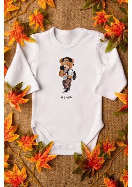 Organik %100 Pamuk Teddy Bear Selfie Baskılı Bebek Body Uzun Kollu Çıtçıtlı Badi Zıbın 5222