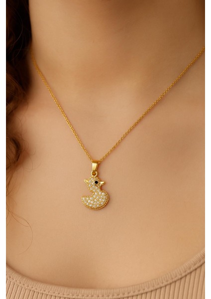 Gold Beyaz Taşlı Ördek Figür Çelik Kolye