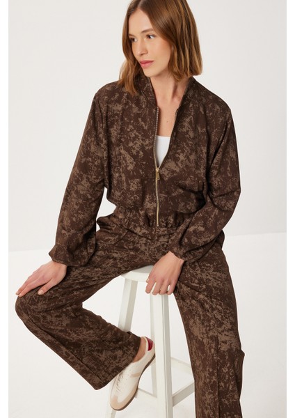 Fermuarlı Desenli Alt-Üst Örme Takım LCI0053 Kahverengi