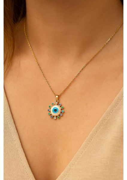 11 Taşlı Silindir Nazar Mavi Göz Çelik Kolye