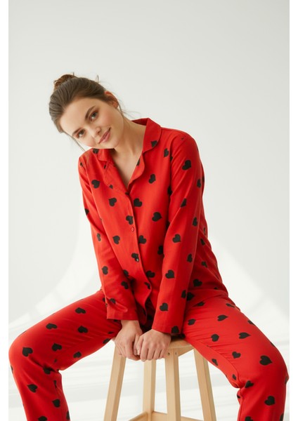 Süet Gömlek Pijama Takımı 7107 Kalpli Kırmızı