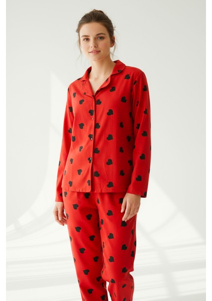 Süet Gömlek Pijama Takımı 7107 Kalpli Kırmızı fiyatları