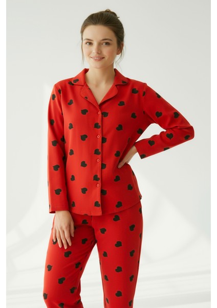 Süet Gömlek Pijama Takımı 7107 Kalpli Kırmızı modelleri