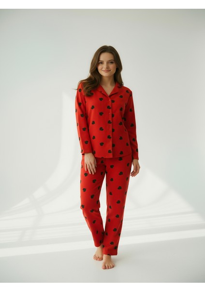 Süet Gömlek Pijama Takımı 7107 Kalpli Kırmızı fırsatları