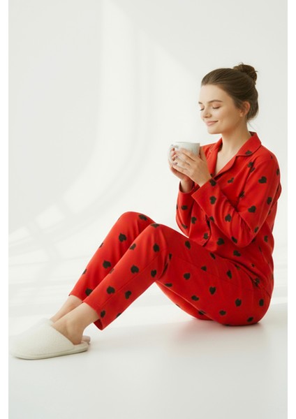 Süet Gömlek Pijama Takımı 7107 Kalpli Kırmızı indirimleri