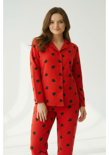 Süet Gömlek Pijama Takımı 7107 Kalpli Kırmızı