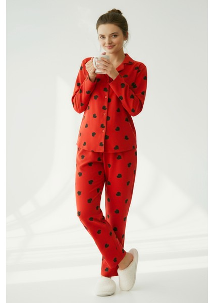Süet Gömlek Pijama Takımı 7107 Kalpli Kırmızı