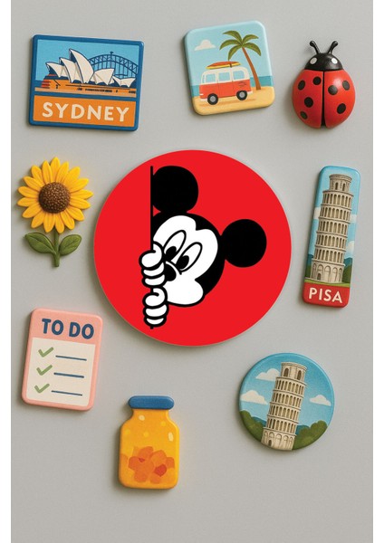 Modern ve Dekoratif Yuvarlak Buzdolabı Magneti Magnet Büyük Boy 10X10 cm - Mickey
