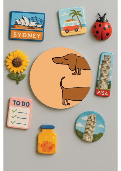 Modern ve Dekoratif Yuvarlak Buzdolabı Magneti Magnet Büyük Boy 10X10 cm - Sosis Köpek
