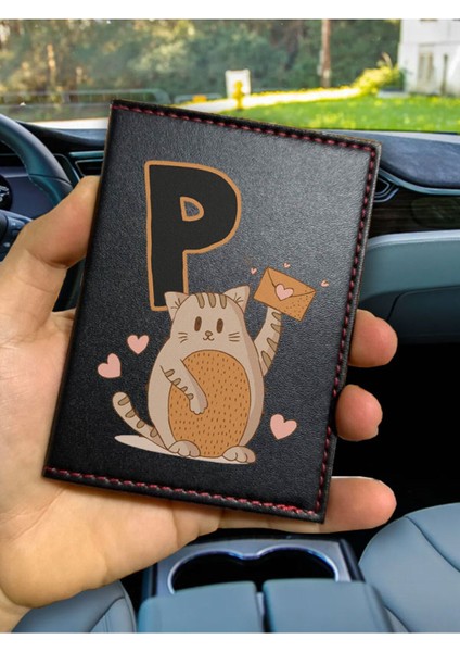 Desenli Ruhsat Kabı Logolu Oto Kılıfı Deri Dikişli Araç Ruhsat Koruyucu P Harfi Kedili