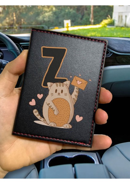 Desenli Ruhsat Kabı Logolu Oto Kılıfı Deri Dikişli Araç Ruhsat Koruyucu Z Harfi Kedili