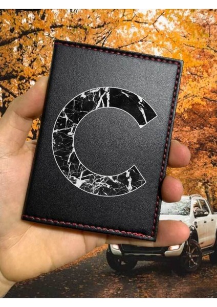 C Harfi Mermer Ruhsat Kabı Logolu Oto Ruhsat Kılıfı Vinleks Deri Dikişli Araç Ruhsat Koruyucu