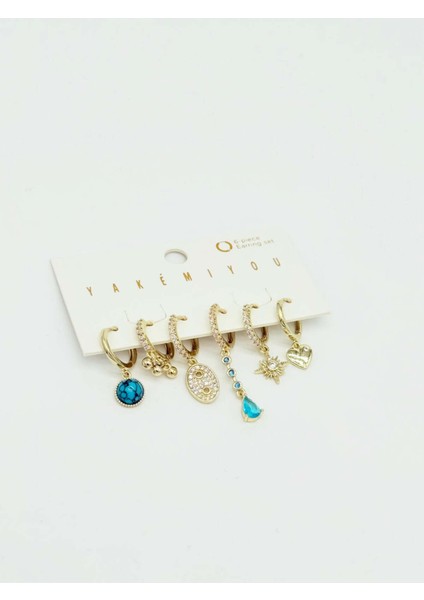Altın Renk Mavi Taş Model 6 Lı Küpe Set