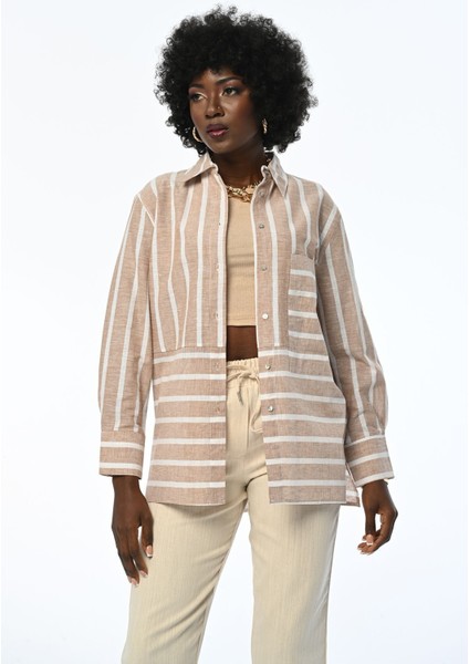 Kadın Çizgili Tek Cepli Rahat Kalıp Gömlek