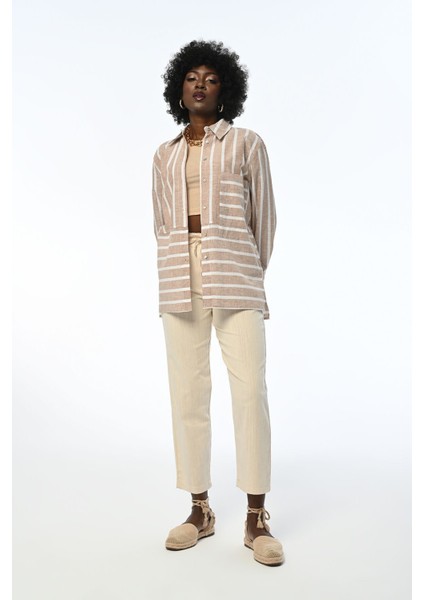 Kadın Çizgili Tek Cepli Rahat Kalıp Gömlek modelleri