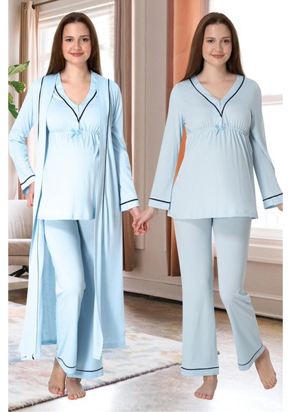 Effortt 4054 Biye Detaylı Sabahlıklı Lohusa Pijama Takımı