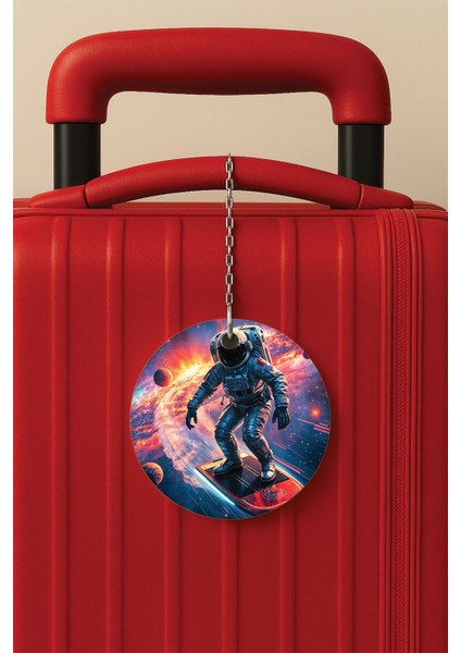 Desenli Baskılı Pleksi Zincir Aparatlı Bavul Etiketi Valiz Etiketi Astronot Kaykay
