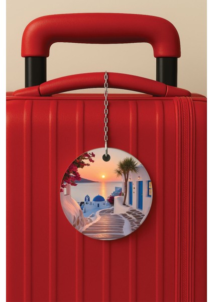 Desenli Baskılı Pleksi Zincir Aparatlı Bavul Etiketi Valiz Etiketi Tatilde Yunan Adası