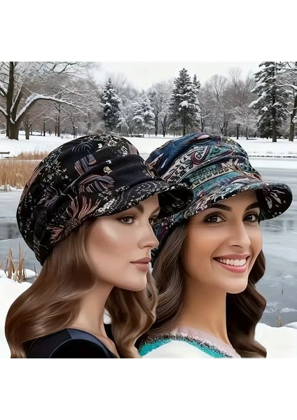 Kadın Bohem Çiçekli Polar Astarlı Kışlık Şapka Siyah 1 Adet