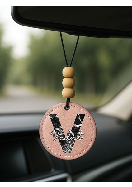 Kişiye Özel Isim Yazılı 1.sınıf Deri Ahşap Dekorlu Dikiz Aynası Süsü Pudra Pembe - V Harfi