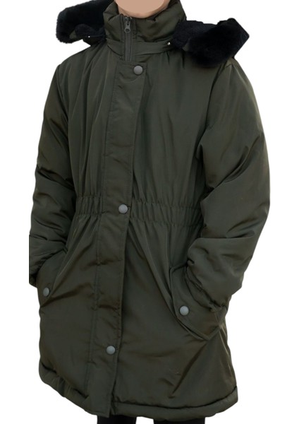 Kız Çocuk Haki Beli Lastikli Kapüşonu Kürklü Kol Ucu Ribanalı Fermuar Çıtçıt Kapamalı Midi Boy Mont