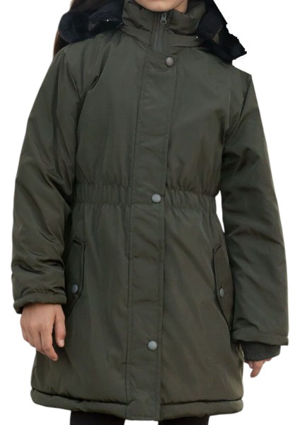 Kız Çocuk Haki Beli Lastikli Kapüşonu Kürklü Kol Ucu Ribanalı Fermuar Çıtçıt Kapamalı Midi Boy Mont fiyatları