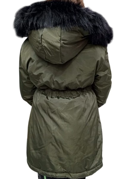 Kız Çocuk Haki Beli Lastikli Kapüşonu Kürklü Kol Ucu Ribanalı Fermuar Çıtçıt Kapamalı Midi Boy Mont modelleri