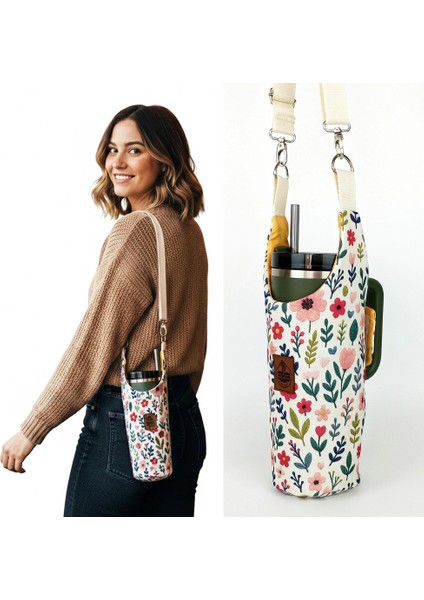El Yapımı Çıtı Pıtı Çiçek Desenli Matara Termos Kılıfı Kulplu Model Quencher Pipetli 1,18