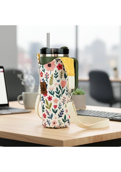 El Yapımı Çıtı Pıtı Çiçek Desenli Matara Termos Kılıfı Kulplu Model Quencher Pipetli 1,18 modelleri