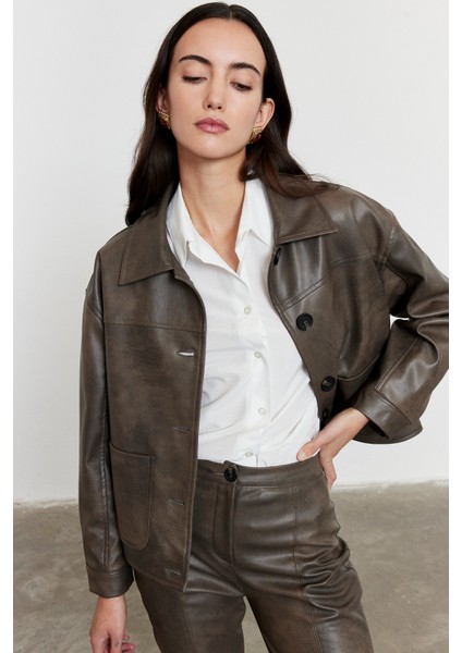 Suni Deri Bomber Ceket Gri