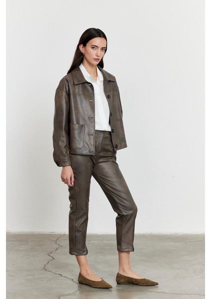 Suni Deri Bomber Ceket Gri modelleri