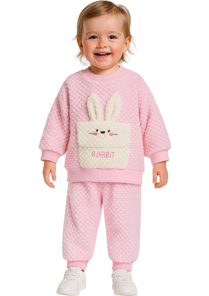 Rabbit Nakışlı Wellsoft Takım & Kız Bebek Pelüş Tavşan Cep Detaylı 2'li Takım (9-24 Ay)