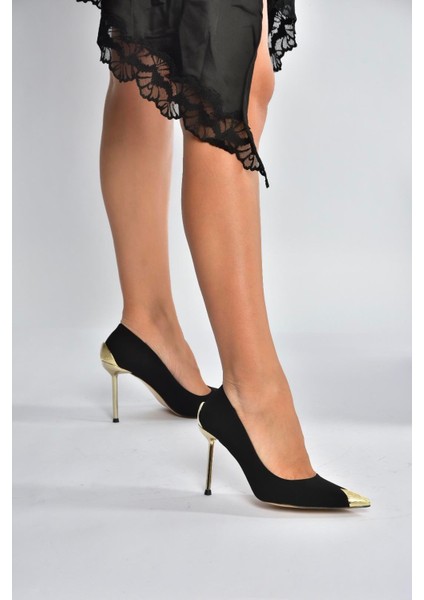 V820099504 Siyah Kumaş Ince Galvaniz Topuklu Kadın Ayakkabı modelleri