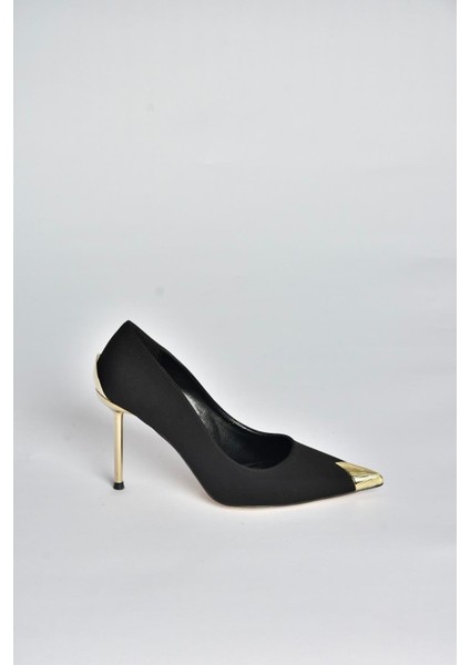 V820099504 Siyah Kumaş Ince Galvaniz Topuklu Kadın Ayakkabı