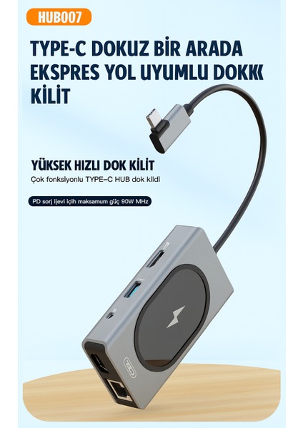 Taşınabilir Dock Istasyonu 9 In 1 HUB007 15W Kablosuz Şarj Özelliği, 2x USB 3.0 5gbps, Ethernet 10,100,1000MBPS, Hdmi, 3.5mm Aux, Sd/tf, Vga, Displayport/mini Dp, Type-C, MacBook Ile Uyumlu modelleri