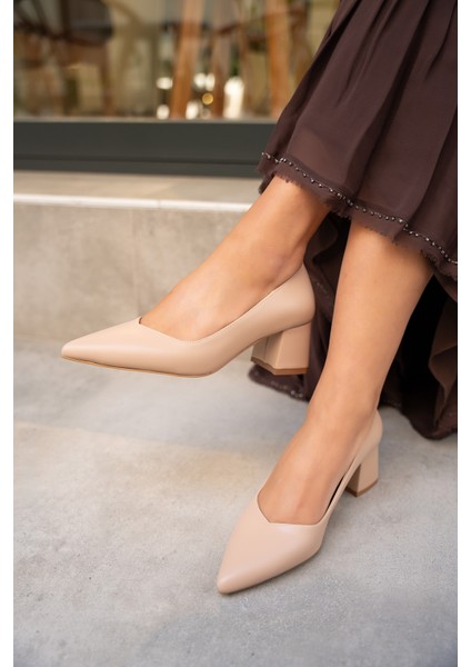 Fiona Nude Deri Kalın Topuklu Ayakkabı modelleri