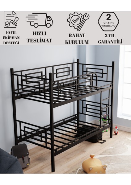 Defne Genç Çocuk Yatak Odası Metal Ranza ve Karyola Siyah