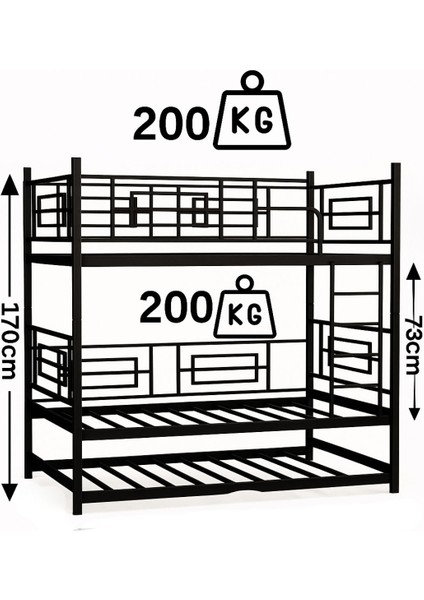Defne Genç Çocuk Yatak Odası Metal Ranza ve Karyola Siyah