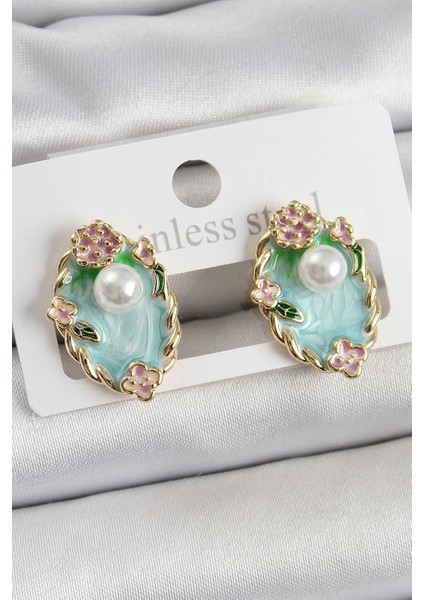 Pirinç Yeşil Mineli İnci Detaylı Sanatsal Portre Model Gold Renk Kadın Küpe