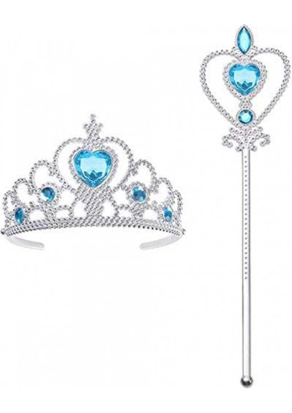 Karlar Ülkesi Elsa Mavi Kalpli Taç ve Mavi Asa Seti Çocuk Boy (5324)