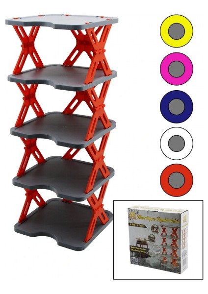 Yeni Nesil Akordiyon - Katlanır - 5 Katlı Plastik Ayakkabılık Gri TABAN-27X27CM - Renkli Ayaklar (5324)