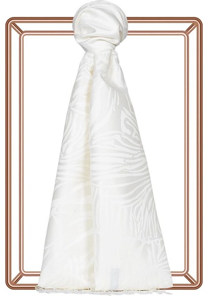 Ipekevi Desenli Jakarlı Ipek Şal - Zebra Desenli - Inci Beyazı