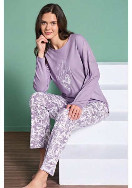 Kadın Uzun Kollu Desenli Alt Bisiklet Yaka Kalp Baskılı Üst Mor Renk Pijama Takımı C0T7N91
